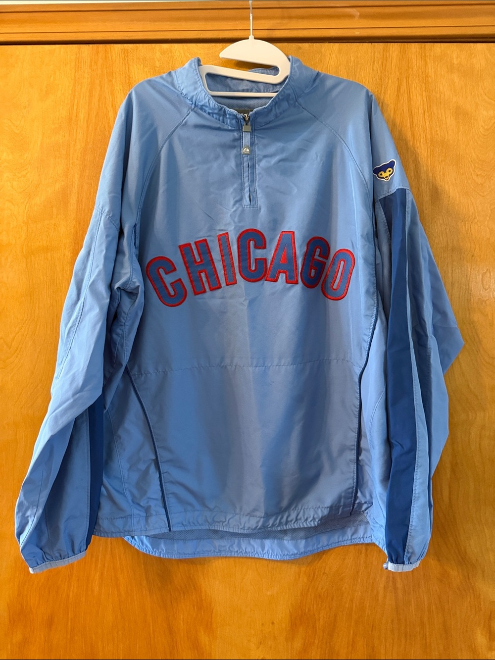Light Blue 'Chicago' Pullover Windbreaker with Red Lettering